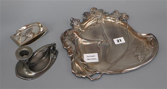 A WMF Art Nouveau pewter dish, no. 252, a similar chamberstick, no. 229 and a blotter (3)